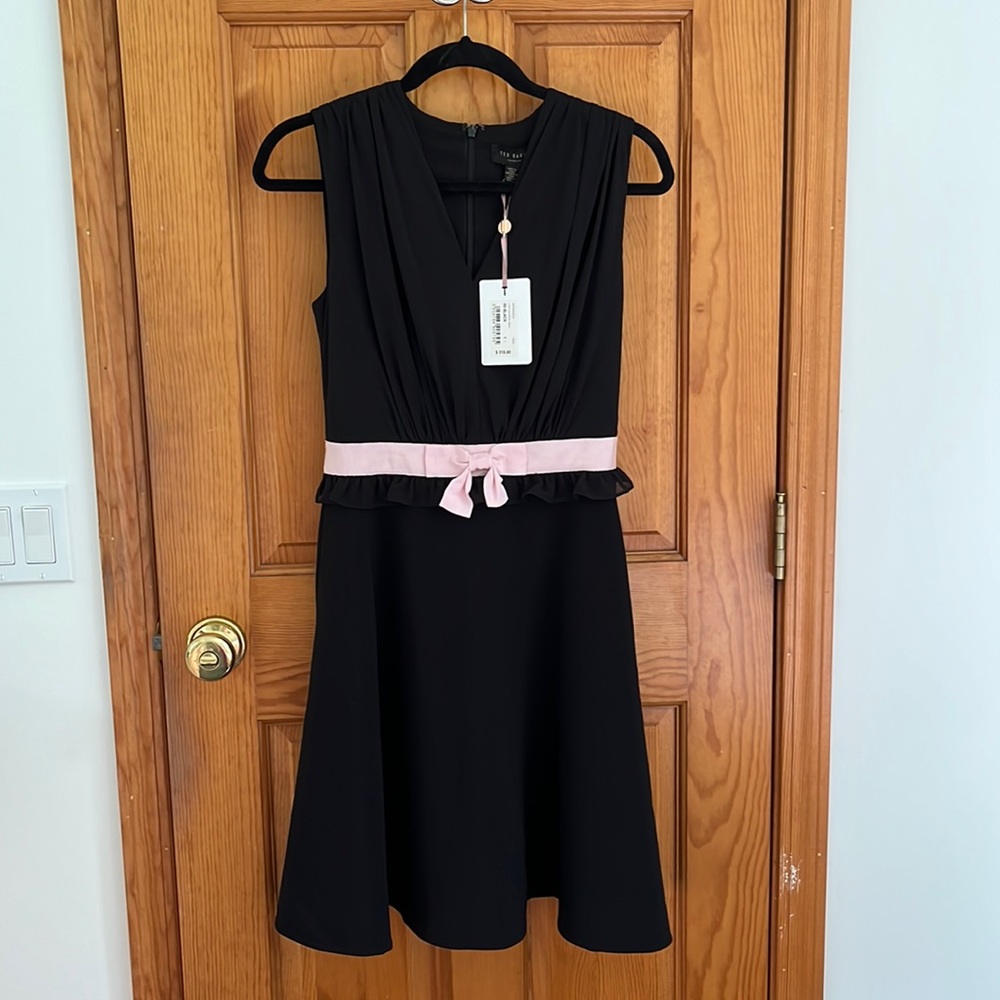 Ted Baker London Black Midi Dress with Pale Pink Waist Bow